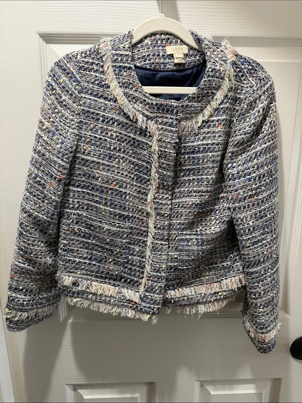 J. Crew Navy and Cream Tweed Fringe Jacket